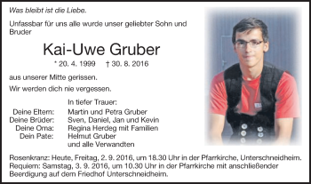 Traueranzeige von Kai-Uwe Gruber von Schwäbische Post