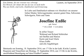 Traueranzeige von Josefine Enßle von Gmünder Tagespost