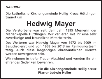 Traueranzeige von Hedwig Mayer von Schwäbische Post