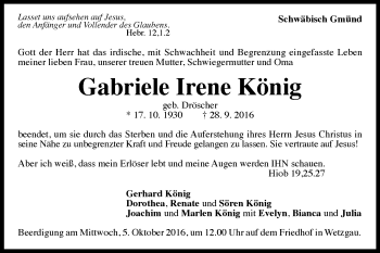 Traueranzeige von Gabriele Irene König von Gmünder Tagespost