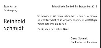 Traueranzeige von Reinhold Schmidt von Gmünder Tagespost
