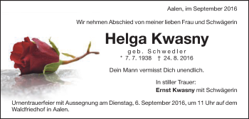 Traueranzeige von Helga Kwasny von Schwäbische Post