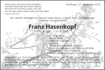 Traueranzeige von Franz Hasenkopf von Schwäbische Post