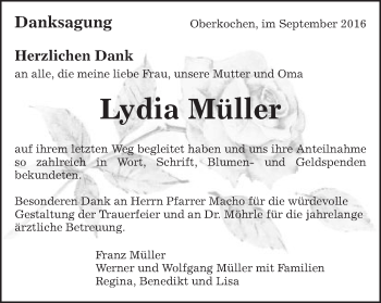 Traueranzeige von Lydia Müller von Amtsblatt_Oko