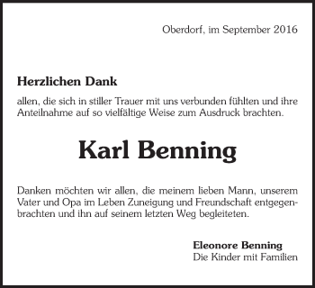 Traueranzeige von Karl Benning von Schwäbische Post