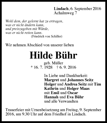 Traueranzeige von Hilde Bühr von Gmünder Tagespost