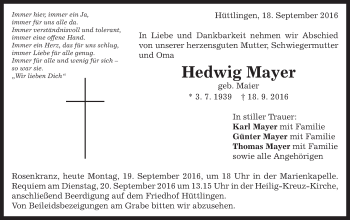 Traueranzeige von Hedwig Mayer von Schwäbische Post