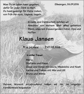 Traueranzeige von Klaue Jansen von Schwäbische Post