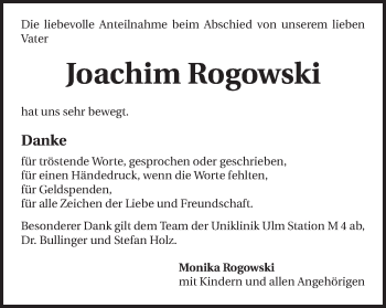 Traueranzeige von Joachim Rogowski von Schwäbische Post