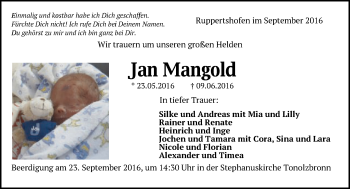 Traueranzeige von Jan Mangold von Gmünder Tagespost