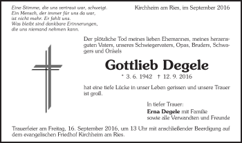 Traueranzeige von Gottlieb Degele von Schwäbische Post