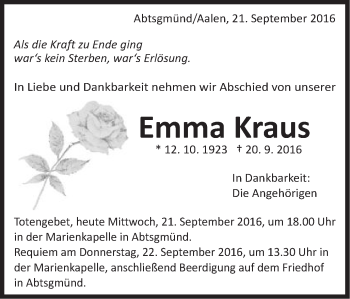 Traueranzeige von Emma Kraus von Schwäbische Post