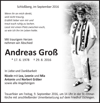 Traueranzeige von Andreas Groß von Schwäbische Post