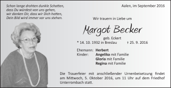 Traueranzeige von Margot Becker von Schwäbische Post