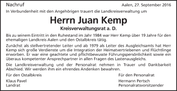 Traueranzeige von Juan Kemp von Schwäbische Post