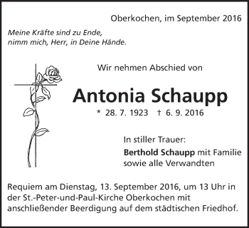 Traueranzeige von Antonia Schaupp von Schwäbische Post