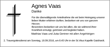 Traueranzeige von Agnes Vaas von Schwäbische Post