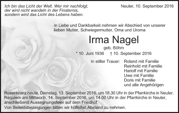 Traueranzeige von Irma Nagel von Schwäbische Post
