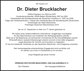 Traueranzeige von Dieter Brucklacher von Schwäbische Post