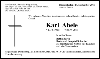 Traueranzeige von Karl Abele von Gmünder Tagespost