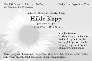 Traueranzeige von Hilde Kopp von Gmünder Tagespost