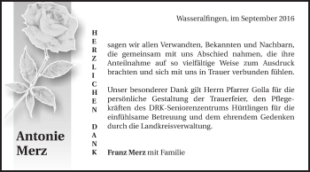 Traueranzeige von Antonie Merz von Schwäbische Post