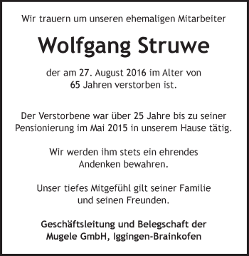 Traueranzeige von Wolfgang Struwe von Gmünder Tagespost