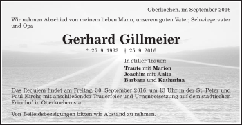 Traueranzeige von Gerhard Gillmeier von Schwäbische Post