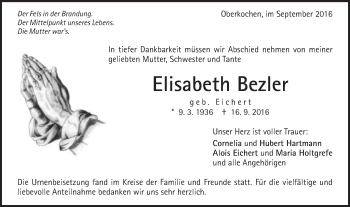 Traueranzeige von Elisabeth Bezler von Schwäbische Post