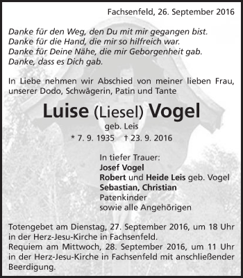 Traueranzeige von Luise Vogel von Schwäbische Post