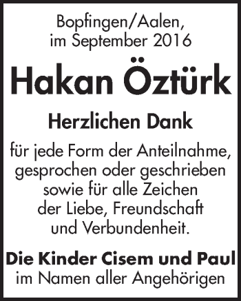 Traueranzeige von Hakan Öztürk von Schwäbische Post
