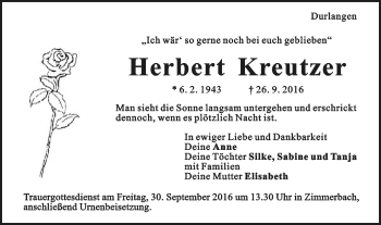 Traueranzeige von Herbert Kreutzer von Gmünder Tagespost