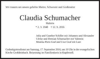Traueranzeige von Claudia Schumacher