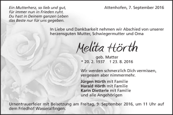 Traueranzeige von Melitta Hörth von Schwäbische Post