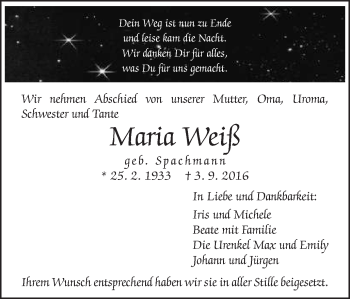 Traueranzeige von Maria Weiß von Schwäbische Post