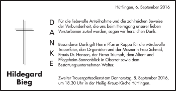 Traueranzeige von Hildegard Bieg von Schwäbische Post