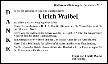 Traueranzeige von Ulrich Waibel von Gmünder Tagespost