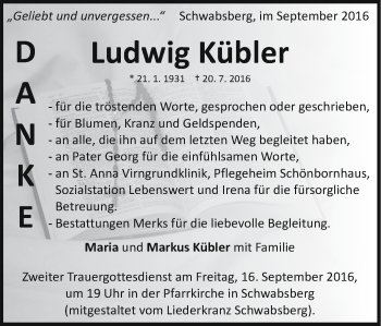 Traueranzeige von Ludwig Kübler von Schwäbische Post