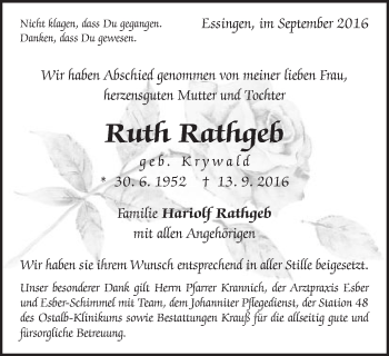 Traueranzeige von Ruth Rathgeb von Schwäbische Post