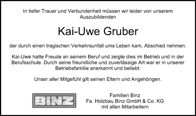  Traueranzeige für Kai-Uwe Gruber vom 02.09.2016 aus Schwäbische Post