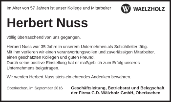 Traueranzeige von Herbert Nuss von Schwäbische Post
