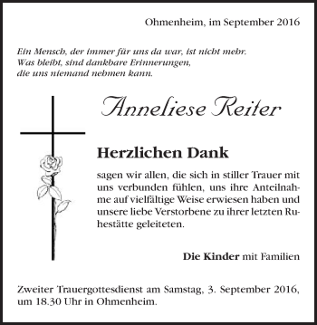 Traueranzeige von Anneliese Reiter von Schwäbische Post