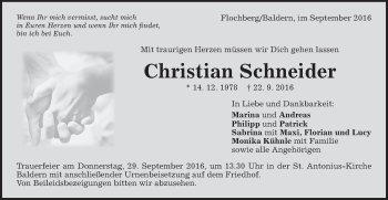 Traueranzeige von Christian Schneider von Schwäbische Post