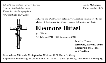 Traueranzeige von Eleonore Hitzel von Gmünder Tagespost