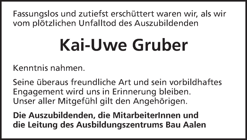  Traueranzeige für Kai-Uwe Gruber vom 07.09.2016 aus Schwäbische Post