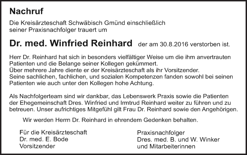  Traueranzeige für Winfried  Reinhard vom 13.09.2016 aus Gmünder Tagespost