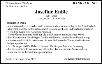 Traueranzeige von Josefine Enßle von Gmünder Tagespost