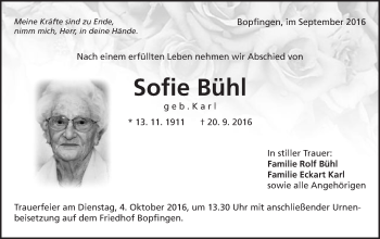 Traueranzeige von Sofie Bühl von Schwäbische Post