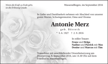 Traueranzeige von Antonie Merz von Schwäbische Post