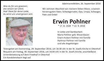 Traueranzeige von Erwin Pohlner von Schwäbische Post